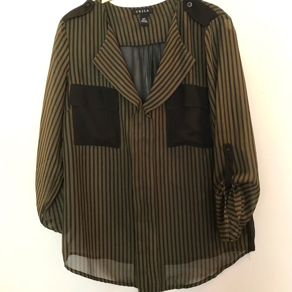 Olive Green and Black Pinstripe blouse
